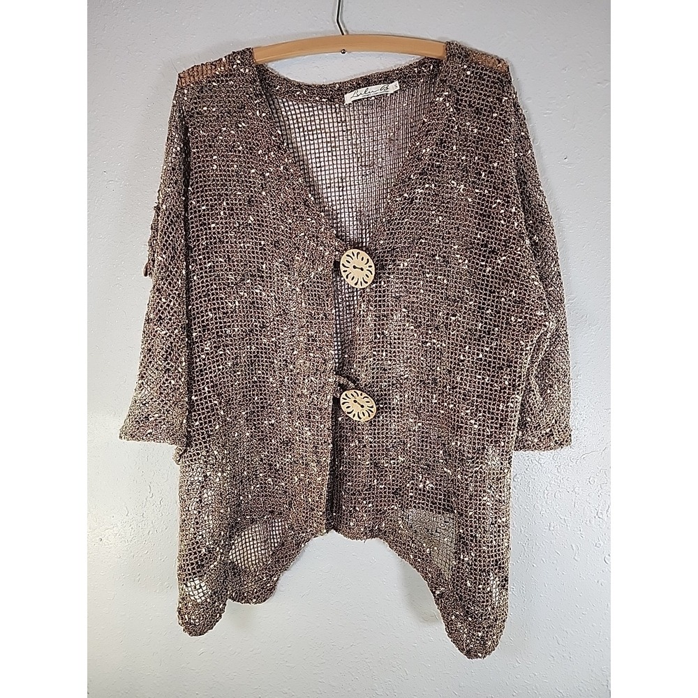 Lulu‎ B Sweater Womens Small Brown Open Knit Fish Net Wood Button Boho Cover Up